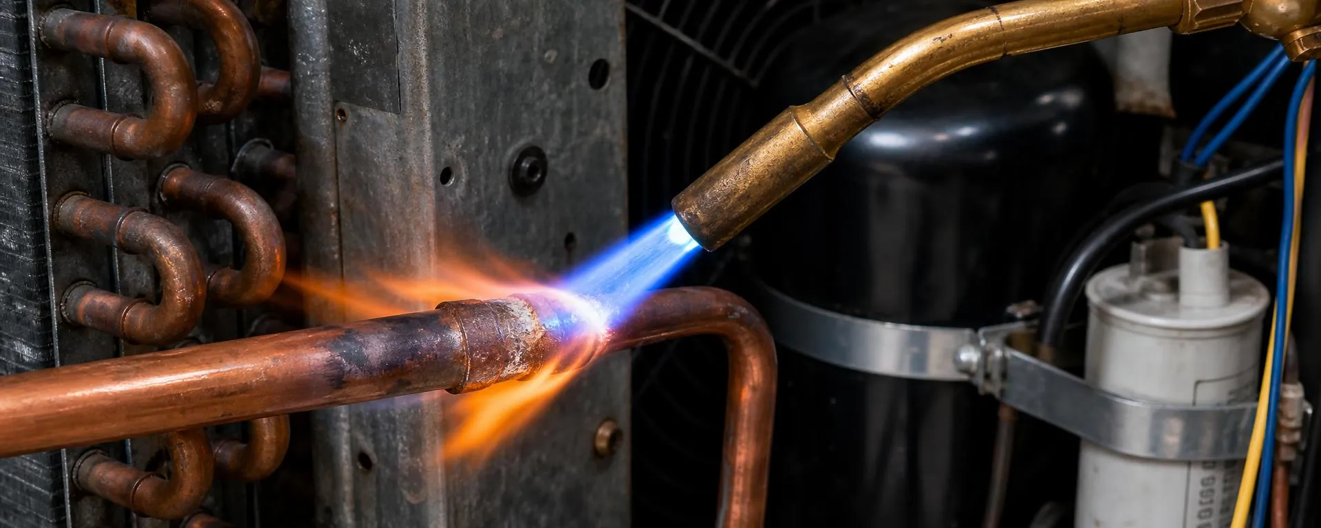 Commercial HVAC technician brazing copper joints on an evaporator coil for refrigerant lines