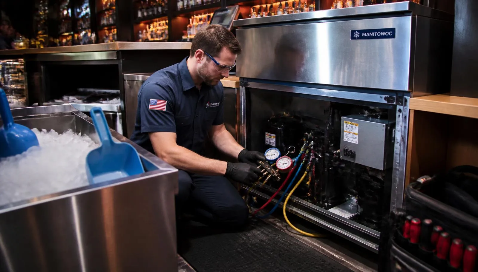 Commercial HVAC/R service technician servicing a commercial ice machine inside a restaurant bar