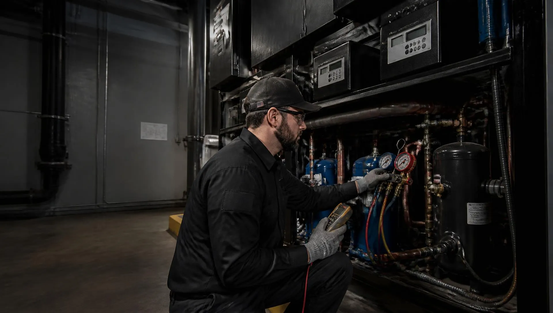Service technician working on a refrigeration compressor with manifold gauges attached