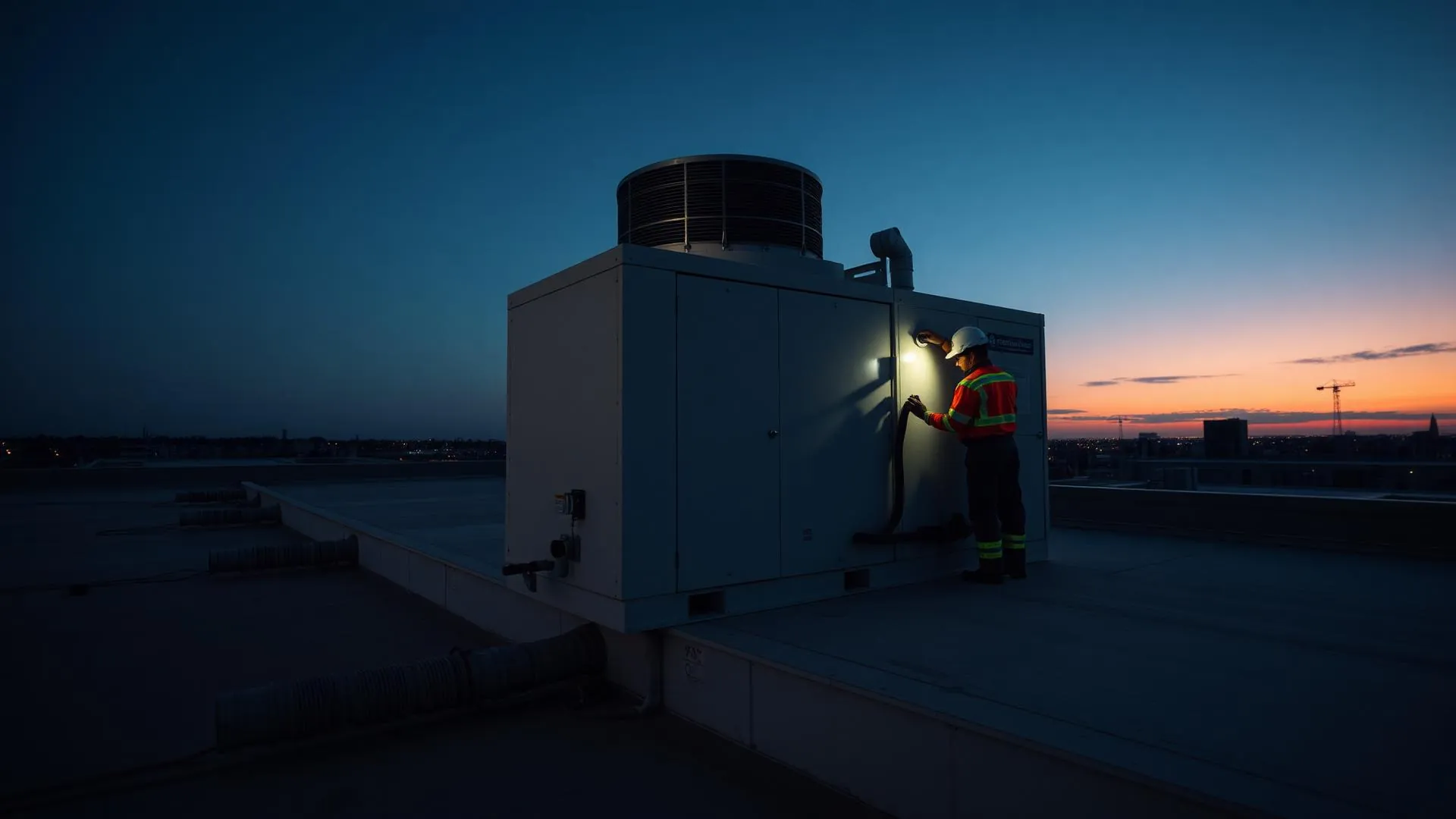 HVAC technician servicing a rooftop chiller unit